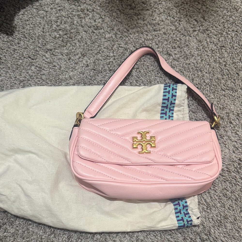 Tory Burch Pink Quilted Leather Shoulder Bag with Gold Logo